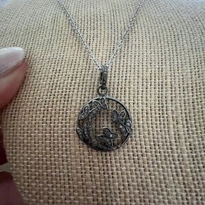 Oxydized sterling silver butterfly pendant diamond necklace